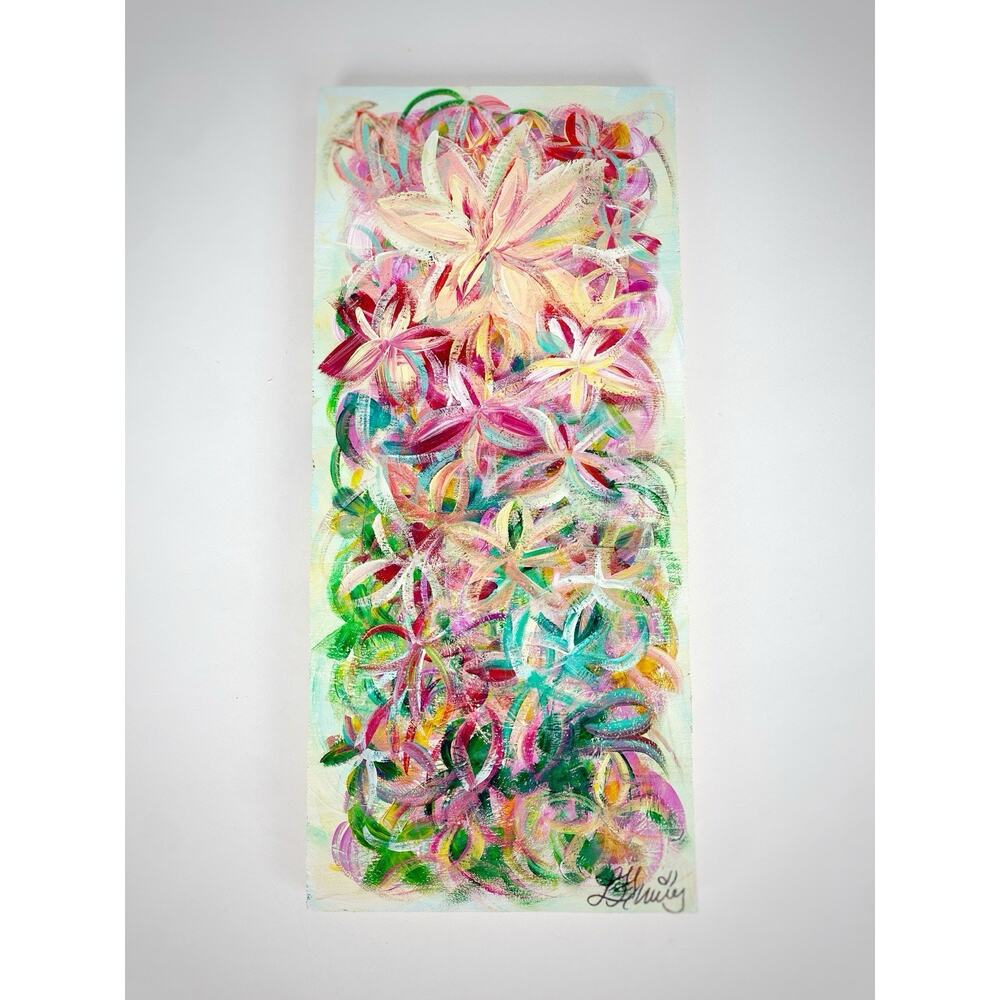 Original Artist Signed Abstract Floral Painting On Wood Impressionist Colorful